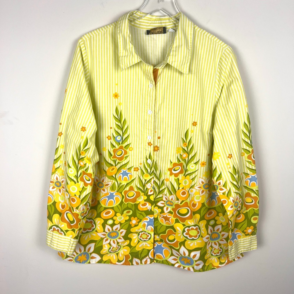 Vintage Bob Mackie Wearable Art XL Floral Stripe Shirt Lime Green Orange 70s